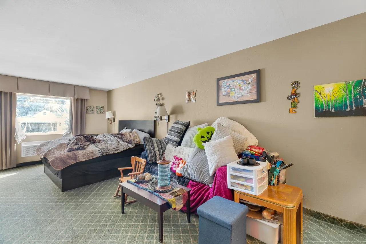 A large room with a bed by the window, a sofa and a coffee table